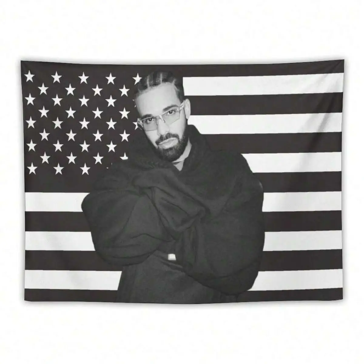 Drake Retro Album Black-and-White American Flag Tapestry - Soft Polyester Fabric, Unique Print, Photo Prop, Backdrop, Decorative Home Decor for Living Rooms, Bedrooms, Lightweight