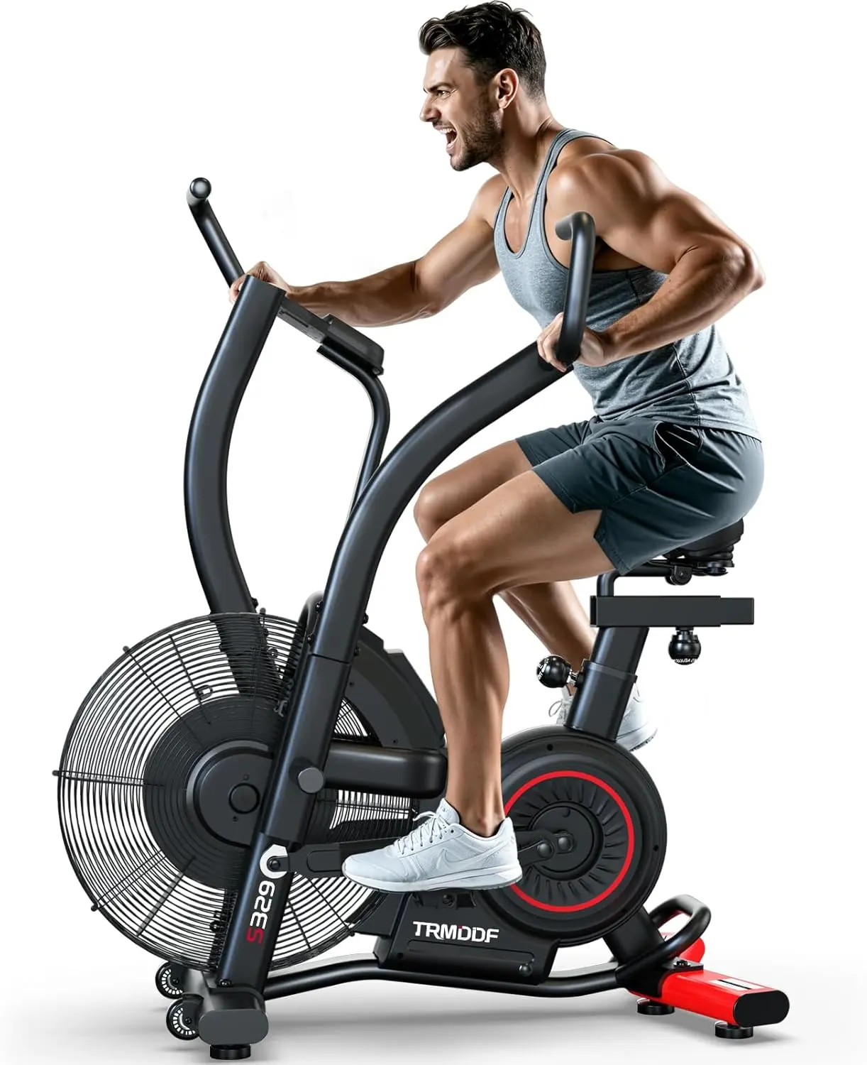 Air Resistance Fan Exercise Bike, Upright Stationary Indoor Cycling Bike with Bluetooth Connection, Dual Action Handlebars and Dual-Layer Transmission System for Home Gym Cardio Training