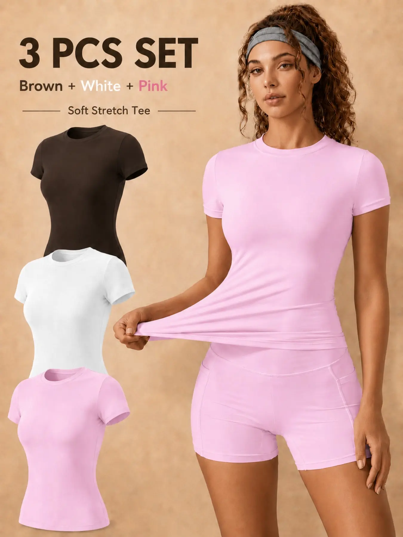3 counts Women's Sports T-Shirt Solid Color Short Sleeve Set Fitness Shirts Fitness T Shirt Cool Touch Four Way Stretch Buttery Soft Comfortable Breathable Yoga Tops Breathable Workout Tops Gym Running Fashion Versatile All Season Sportswear