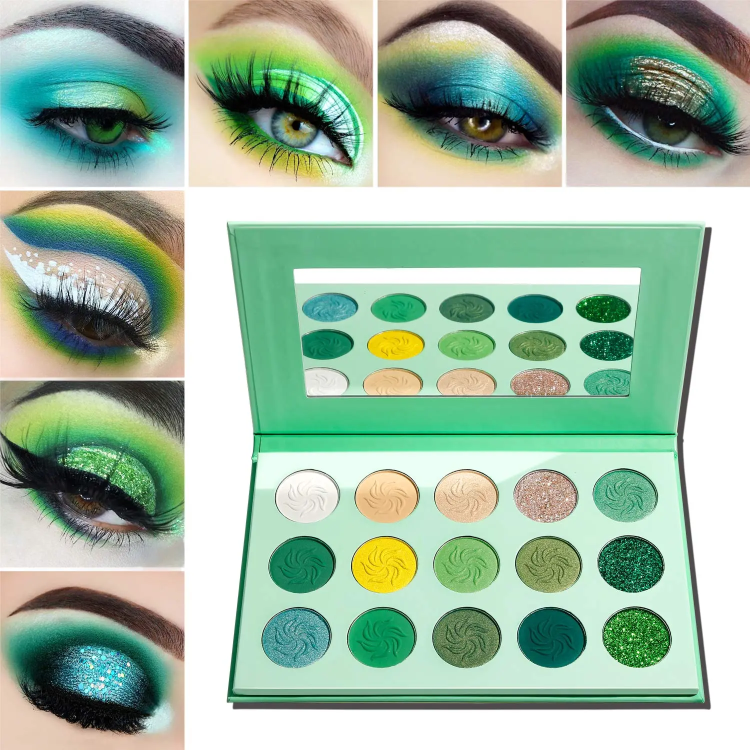 Green Eyeshadow Palette, Green Glitter Eyeshadow Highly Pigmented, Forest Emerald Christmas Makeup Palettes, Yellow Lime Grass Greenish Makeup Eye Shadow Pallet 15 Color