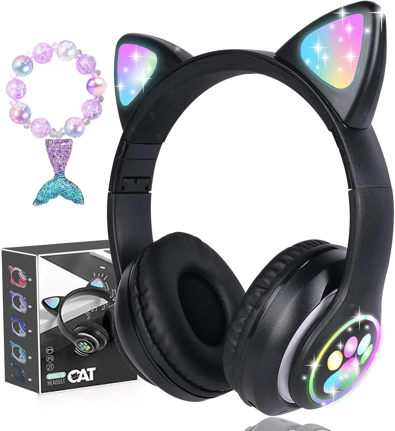 Headphones for Boys Girls,  Ear LED Light Up  Headphones with Microphone for School/Travel//Gaming/Gifts/Christmas (Black)