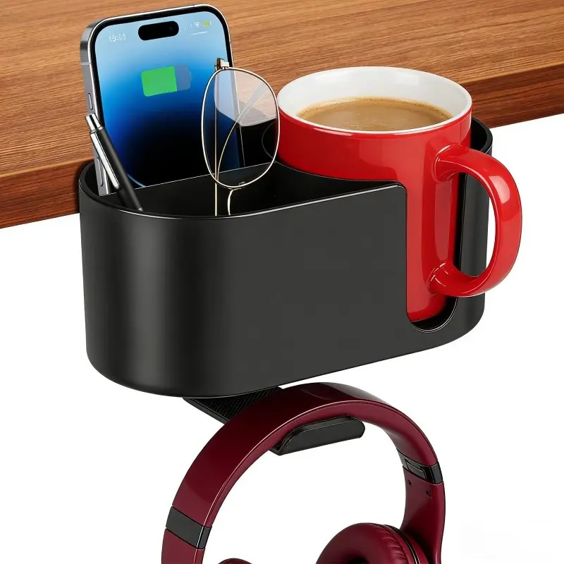 4 in 1 Desk Cup Holder, Clamp on Drink Holder with Headphone Hanger, Anti-Spill Clip on Desk Organizer, Gaming Office Computer Desk Accessories