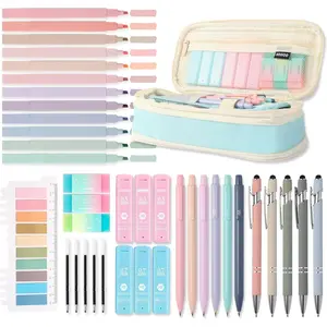 39 count Aesthetic School Supplies with Cute Pencil Case, 5X Ballpoint Pens with Stylus Tip, 12X Pastel Highlighters, 6X Mechanical Pencil Set 0.5 & 0.7mm, Suit for Preppy Students College Essentials
