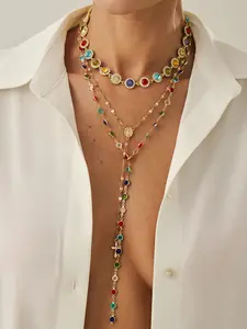 Women's Bohemian style alloy necklace set, featuring a stylish colorful diamond-encrusted flower choker and a multi-colored crystal pendant. Perfect for everyday casual wear or as a holiday gift, Boho Chic Crystal
