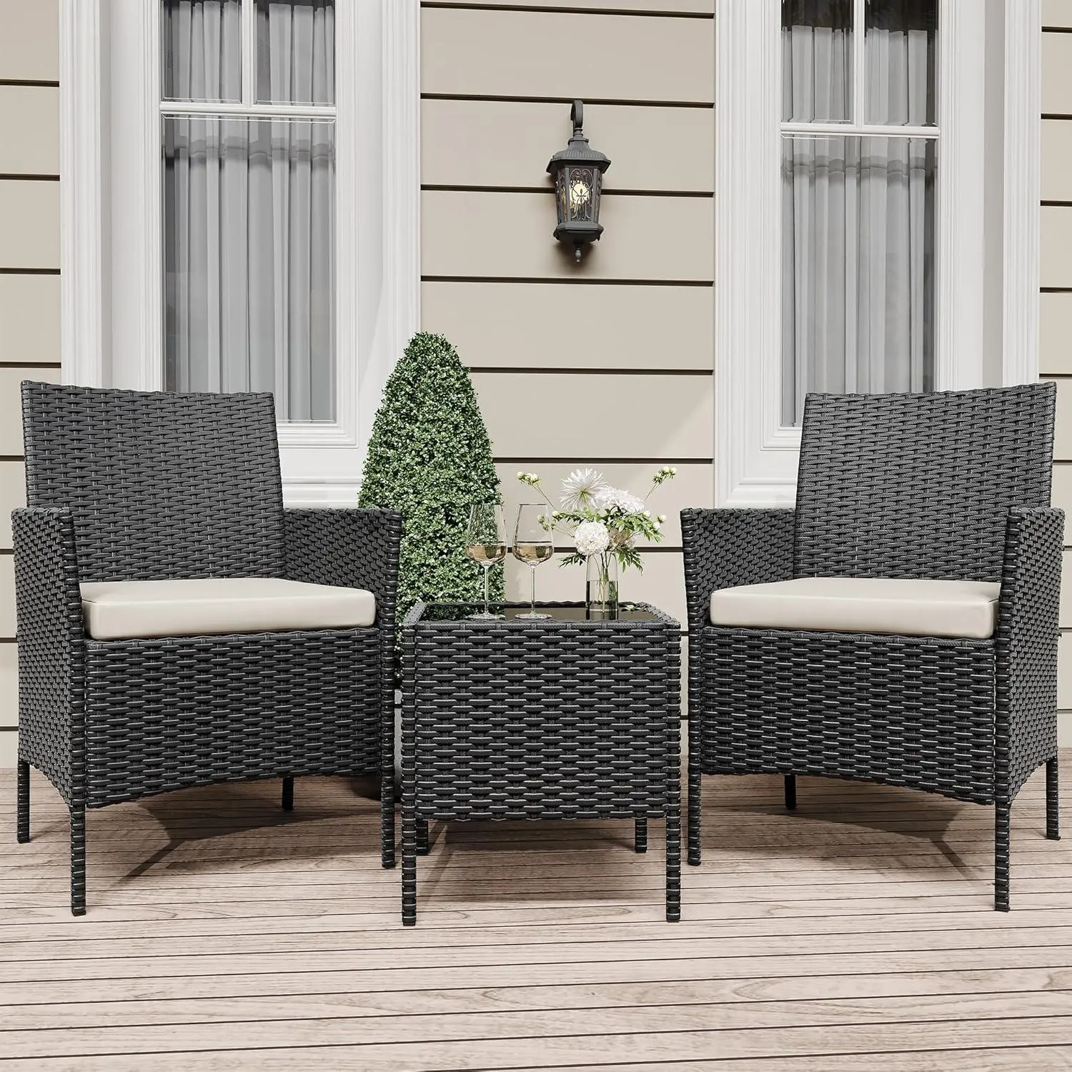 3 Piece Patio Set, PE Rattan Patio Conversation Set with 2 Chairs and 1 Coffee Table, Outdoor Patio Furniture Set for Patio Front Porch Balcony Bistro