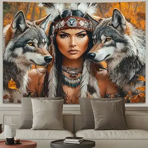 Large Polyester Wall Tapestry - Native American Woman with Wolves in Autumn Forest Design, Feather Headdress & Jewelry Art Decor for Living Room, Outdoor Banner, or Cultural Home Decoration, Native American Decor 60X40