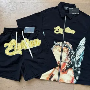 MIXED EMOTION Angel Digital Print Short Sleeve Zipper Shirt Top Quality Oversize Black Shirts Tee With Tag