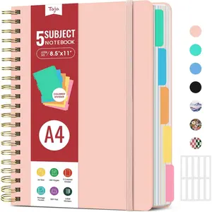 Hardcover Spiral Journal Notebooks 8.5"x11" A4 College Ruled Lined 5 Subject with Removable Dividers & Tabs 280 Pages Pink for Work Note Taking Writing Organizing
