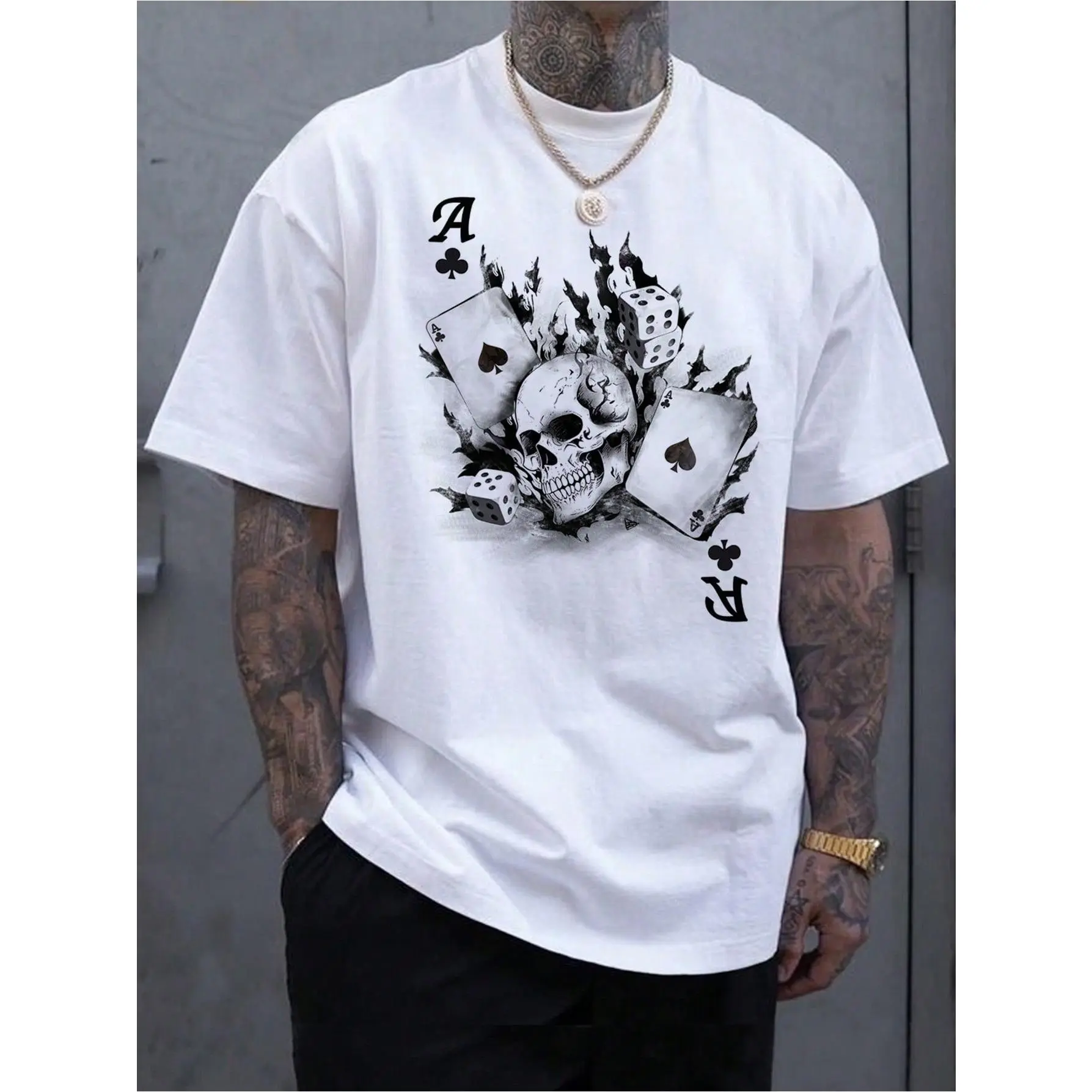 Cotton Short Sleeve  T-Shirt 1 pc, 100% cotton T-shirt, men's skull and poker card printed short sleeve T-shirt