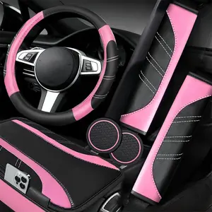 6pcs Car Interior Accessories Set: Sporty PU Leather Steering Wheel Cover (14.5-15 inch Universal), Microfiber PU Leather Car Console Cover, Seatbelt Pads, Cup Holder Pads. All-Season Universal Car Accessories