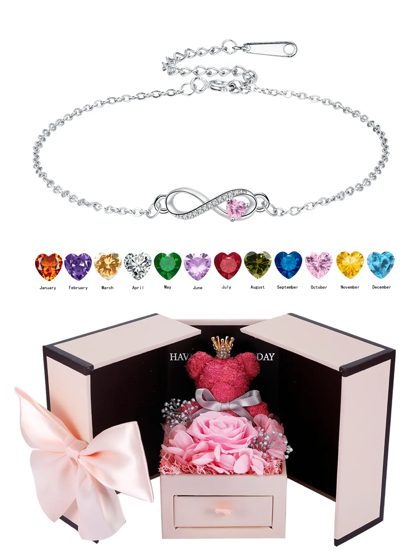 Love Heart CZ Birthstone Infinity Bracelets With Moss Bear Artificial Rose Jewelry Gift Box, Endless Love Symbol Bracelets for Women, Anniversary Birthday Christmas Jewelry Gift for Wife Mom Daughter, Heart Shaped Exquisite Bracelet