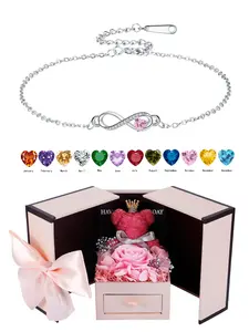 Love Heart CZ Birthstone Infinity Bracelets With Moss Bear Rose Jewelry Gift Box, Endless Love Symbol Bracelets for Women, Anniversary Birthday Christmas Jewelry Gift for Wife Mom Daughter, Heart Shaped Bracelet