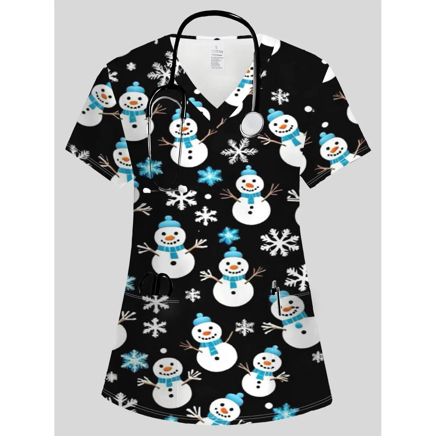 Women's Cartoon Christmas Tree & Snowman Print Scrub Top with Pockets, Breathable All-Season Casual Workwear