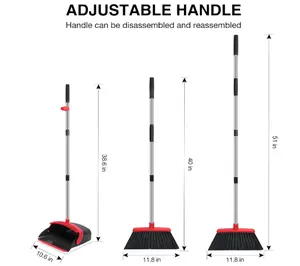 Broom and Dustpan Set, 52-in Long Adjustable Handle Broom Dustpan Combo with Dustpan Teeth to Automatically Clean Hair Suitable for Home Kitchen Office Hall Floor（Black&Red）