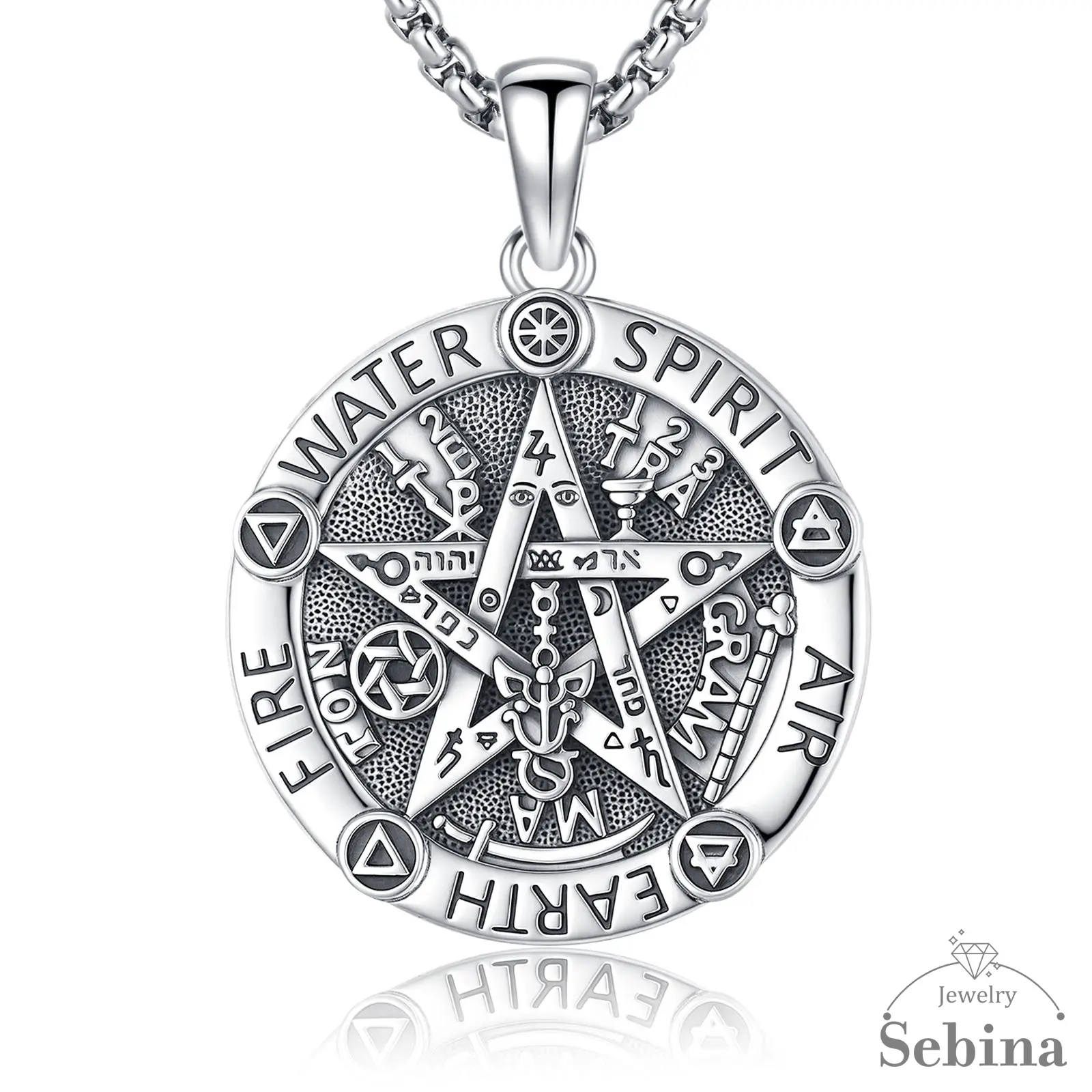 Sebina Silver Tetragrammaton Pentagram Pentacle Necklace - Spirit Earth Elemental (Water, Fire) Esoteric Gothic Amulet Accessory, Witchcraft Wiccan Pagan Jewelry Gift for Men Women (159), Esoteric Fans
