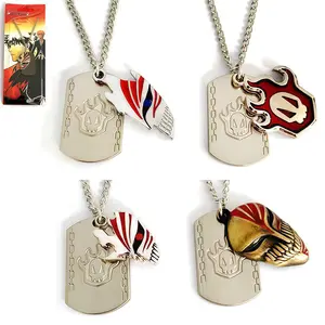 Bleach Anime Double Pendant Jewelry, Kurosaki Ichigo Hollow Mask + Soul Society Dog Tag Necklace Keychain, Otaku Cosplay Accessory Fan Gift