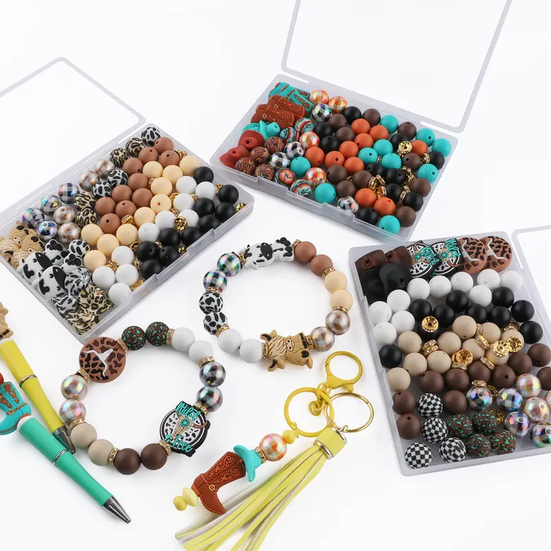 84PCS Focal Silicone Diy Beads Assortment - 15mm Acrylic Cow Leopard Print Pieces, Elastic Beading Craft Supplies, Pen-Friendly Easy-to-Clean Accessories for Keychain Making, Beaded Necklace, Diy Bling