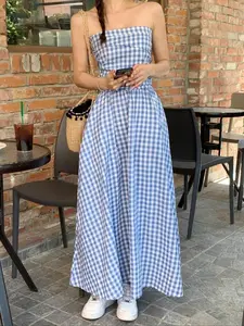 Summer Lightweight Grid Print Non-Stretch Regular Style Women's Dress, Ideal for Warm Weather and Casual Outings