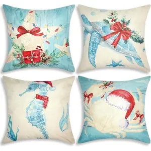 HunnmingRe 4 Pcs Christmas Sealife Coastal Pillow Covers Coastal Christmas Decoration Linen Throw Pillow Covers Sea Ocean Nautical Decorative Pillowcase for Couch Outdoor Sofa Living Room (20 Inch)