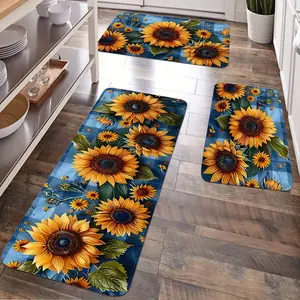 JIT 2/3 pieces Summer Blue Check Sunflower Pattern Carpet Decor Gift - Kitchen Carpet Set, Flannel Side Cushion Set Rug - Non-slip Washable Soft Rug for Kitchen, Laundry Room, Corridor Floor Running Pad Carpet, Kitchen Runner Rug