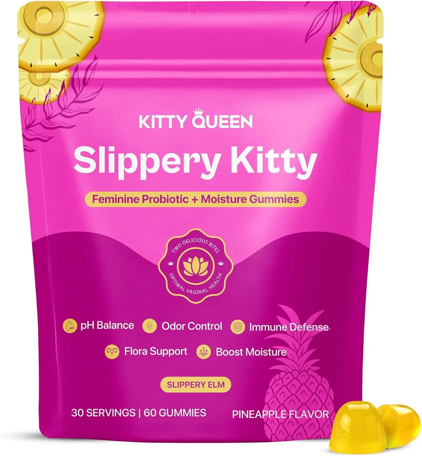 Women’s Natural Daily Flora Support Chewable Dietary Wellness Supp Probiotic & Slippery Elm Complex for Feminine Internal Wellness, 60 Gummies