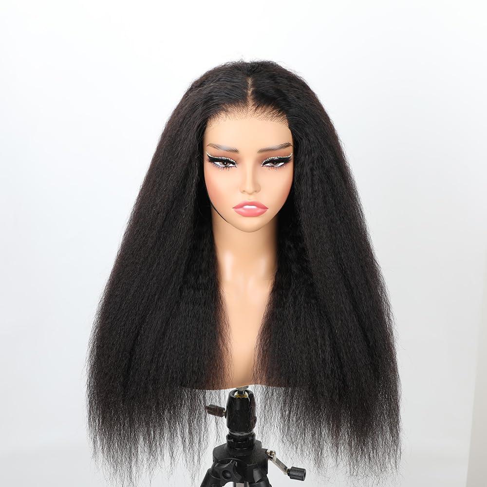 YAWAWE Hair 26 Inch Wear and Go Glueless Wig Kinky Straight Lace Pre Cut 7x5 Lace Front Wigs Human Hair for Women Glueless Wig with Elastic Band Natural Hairline 180% Density Yaki Hair Natural Black
