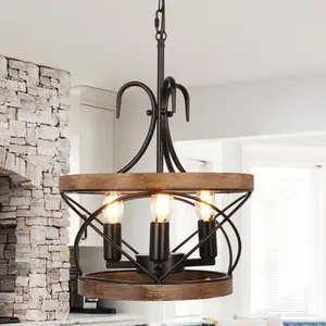 Rustic Farmhouse Chandelier 13 Inch 4 Light Black Iron Pendant Light With Wood Finish Includes 4 Warm Light Bulbs
