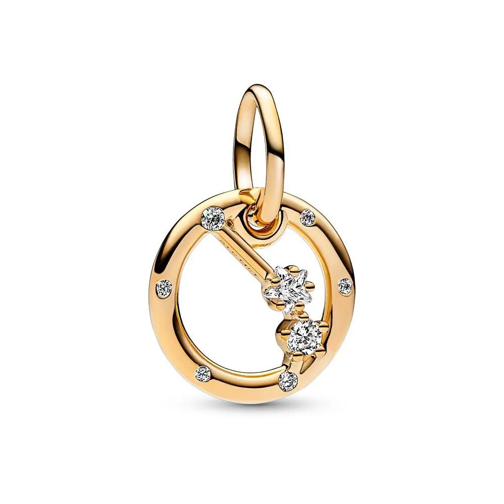PANDORA Aries Zodiac 14-karat Gold-Plated Dangle Charm, Crafted in a Circular Frame with Sparkling Cubic Zirconia, Engraved With Aries, Gift Of Appreciation, Zodiac Theme