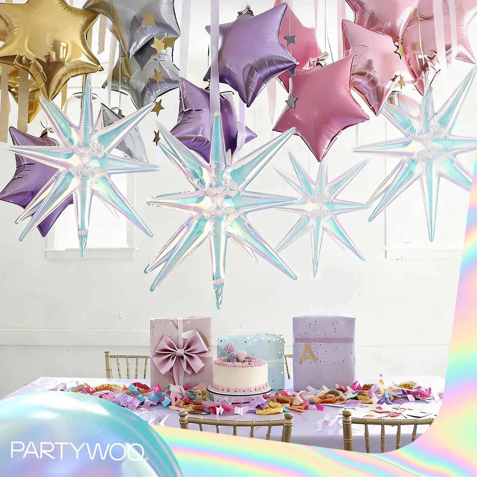 PartyWoo Iridescent Star Foil Balloons Set - 27-Piece Decorative Holographic Glitter Set with 6 Sizes, 22-Inch Round Explosion Spike Mylar for Birthday, Festive Colorful Theme Decorations, Decorative Balloons Balloons, Foils Balloons