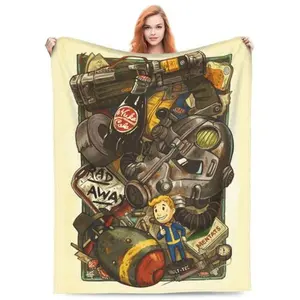Fallout Blanket,Fallout themed printed flannel blanket with retro game design, suitable for sofa, bed, office and outdoor use, lightweight and durable bedroom chair decor halloween decoration soft flannel shawl