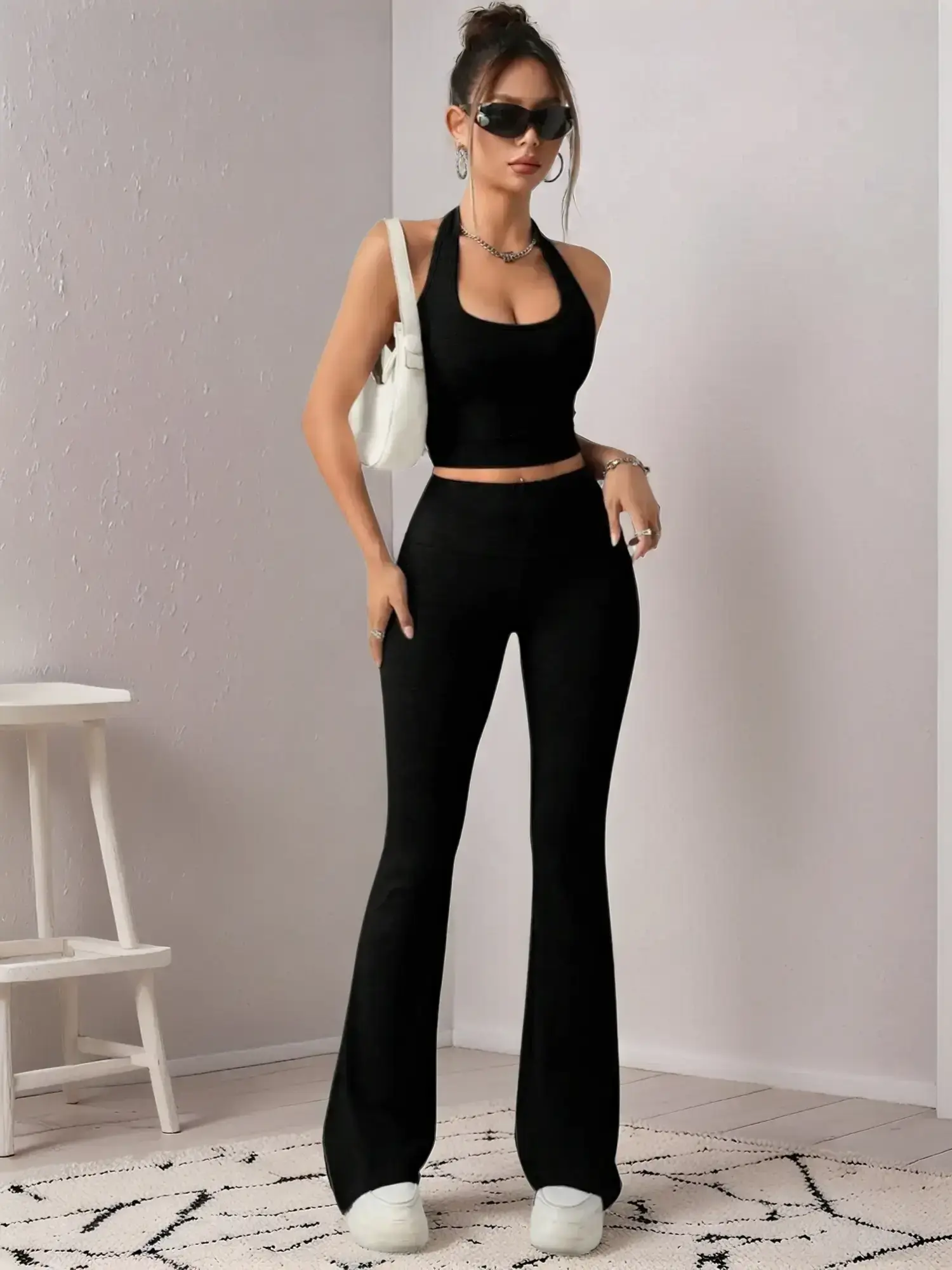 Women's trousers suit, sexy halter-neck off-shoulder vest with hip-packing trousers, suitable for daily casual travel, Summer Clothing Set, Lady, Stretchy Outfit Sets