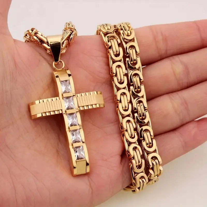 Iced Out Baguette CZ Cross Pendant Necklace - 14K Gold/Silver Plated Byzantine Chain Hip Hop Jewelry for Men & Women