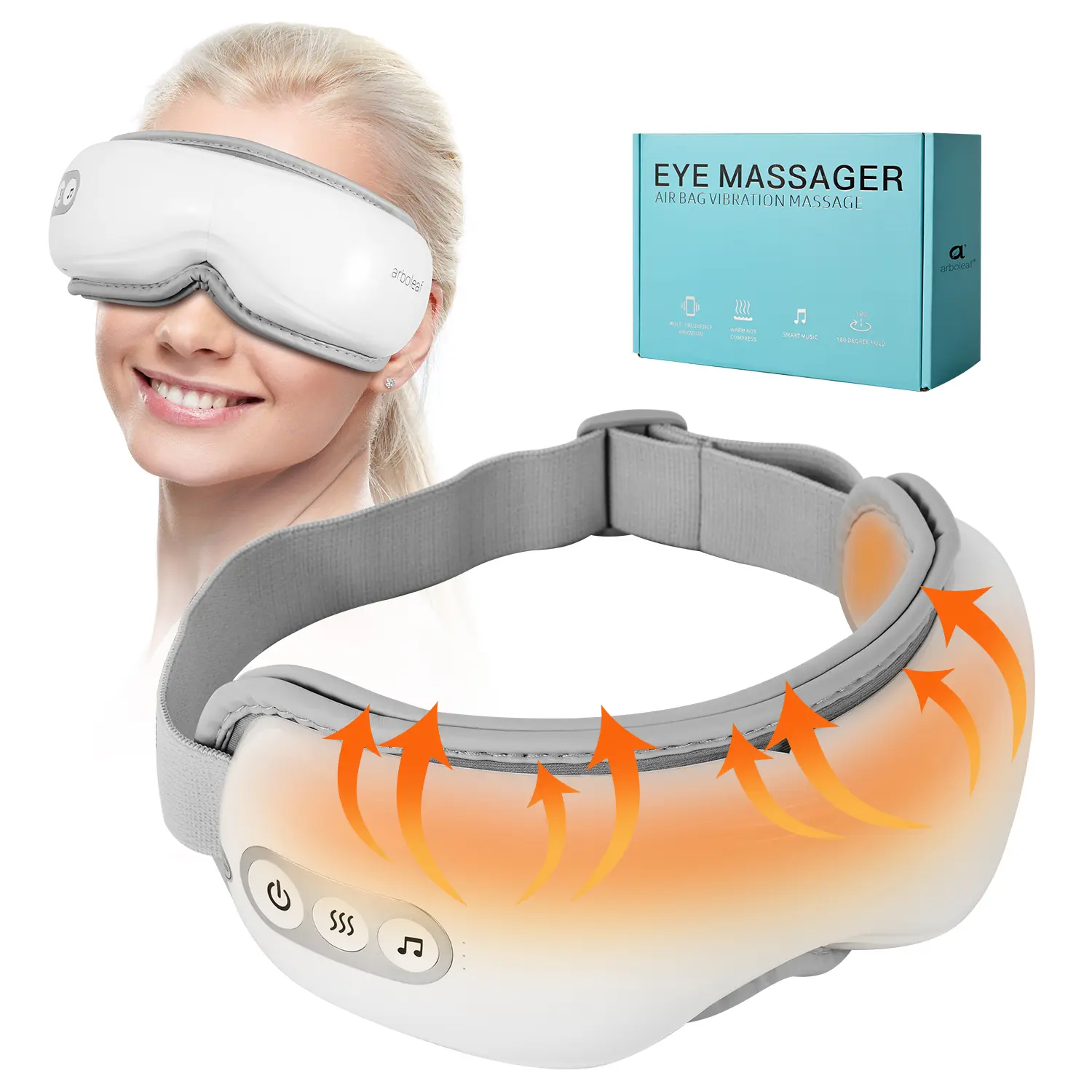 arboleaf Eye Massager with Heat, Heated Eye Massager for Migraines with Compression and Music, Wireless Eye Mask Massager with Heat, 5 Modes Portable Massaging Eye mask for Relieve Eye Strain