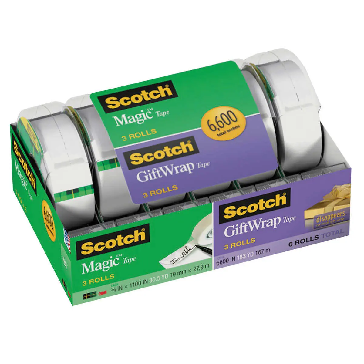 3M Scotch Magic Tape/Gift Wrap Tape, 6600" Total, 6-pack