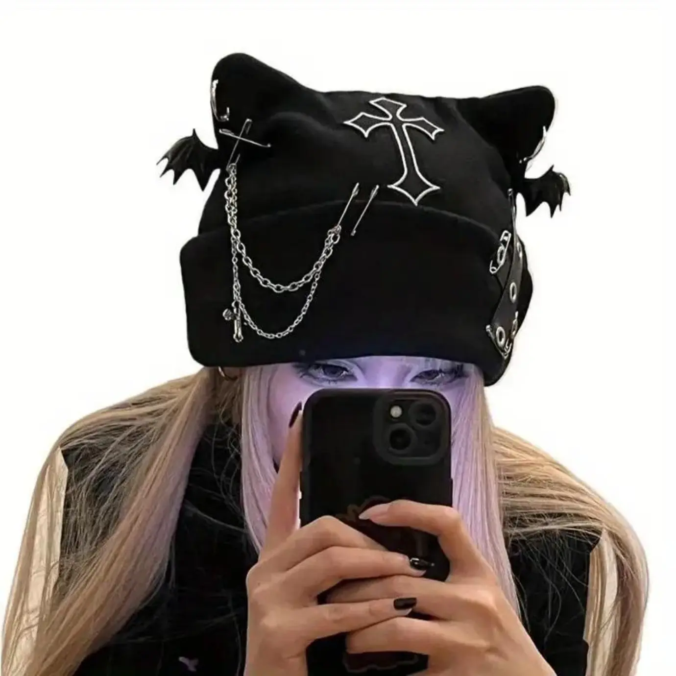Original Fleece Hat with Subculture Design--Featuring Cross Chain Decoration--Cat Ear Style Warm Hat--Autumn Winter Fashion Hat