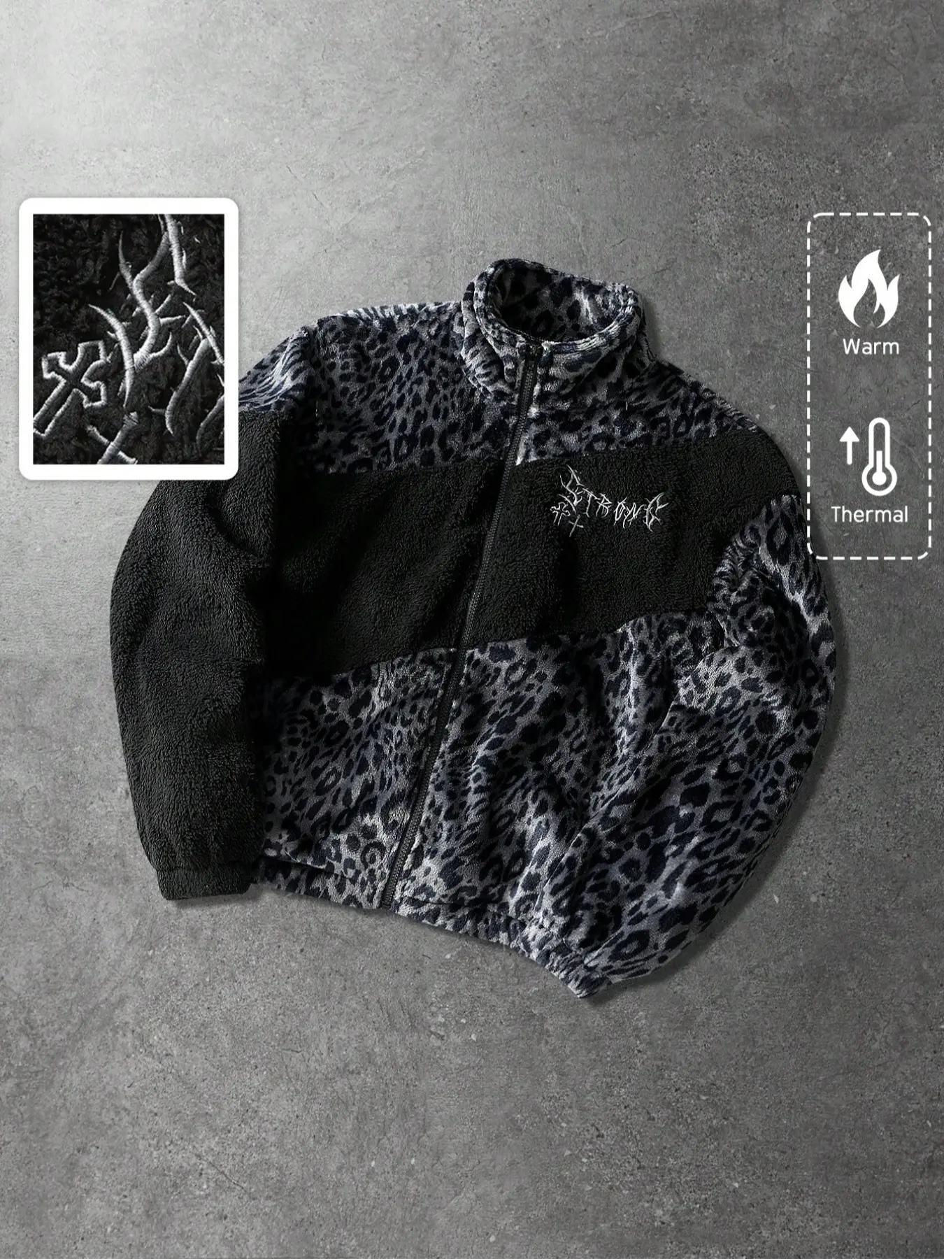 Men's Leopard Print Sherpa Jacket, Thick Heavy Coats, Color-Block Design, Thermal Warmth, Gothic Embroidery, Stand-Up Collar, Zip-Up Closure, Fall Winter Outerwear