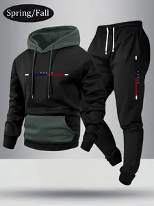 Men's spring and autumn thin personalized Paris letter print pattern colorblock hoodie and sweatpants set, stylish casual men's pocket sports elastic waist drawstring pants two-piece set, suitable as a gift for husband or boyfriend