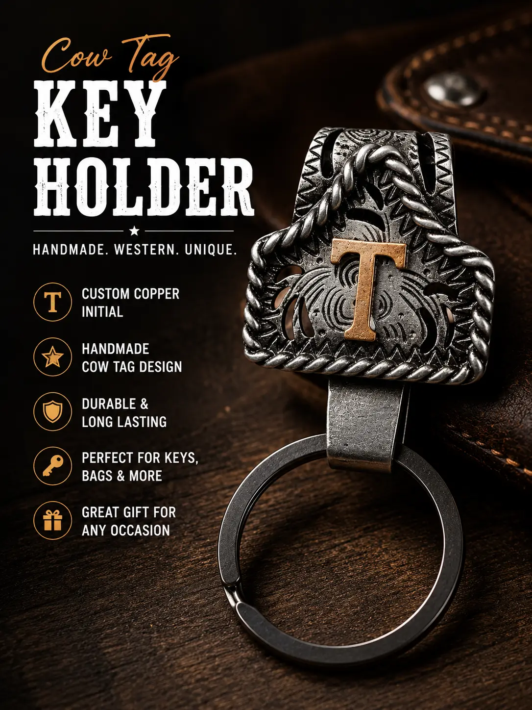 Handmade Cow Tag Belt Key Holder with Copper Initial – Custom Western Keychain for Men & Women, Texas-Inspired Cowboy Keychain, Fashion Accessory for Bags, Keys & Gifts