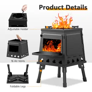 Portable Cast Iron Wood Stove for Camping Hiking BBQ & Outdoor Cooking Black Durable Metal Construction Food Safe with Integrated Cooking Pot Hiking Essentials Compact Stove Design Efficient Firebox Design Camping Stove - Woodfire Grill