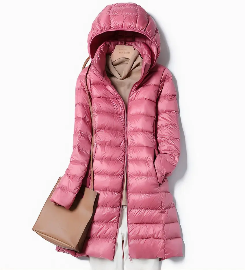 Women’s Plus Size Lightweight Padded Down Jacket - Long Hooded Casual Lady Style Coat with Warm Zippers, Packable Zip-Up Outerwear