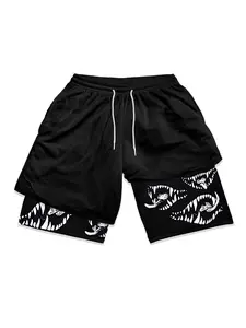 Men's Cartoon Print 2-in-1 Drawstring Shorts, Regular Fit Casual Elastic Waist Shorts, Shorts Men, Summer Shorts, Summer Bottoms, Graphic Print Shorts, Casual Fitted Shorts, Men's Clothing