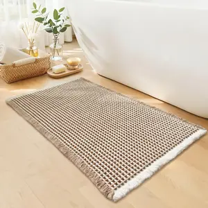 Cozy Rectangle Geometric Waffle Bath Mat - Non-Slip, Super Absorbent, Quick-Dry Washable Khaki and White Farmhouse Boho Bathroom Rug, 18'' x 30''