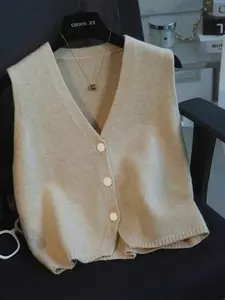 Women's V Neck Button Front Knit Vest Spring Summer Fall Solid Color Loose Fit Basic Casual Lady Cute Daily Commute Fashion Sweater Vest, Women Summer Tops, Womenswear