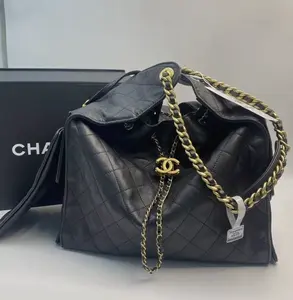 Pre-owned CHANEL Auth Black Quilted Caviar Drawstring Bucket Tote Bag