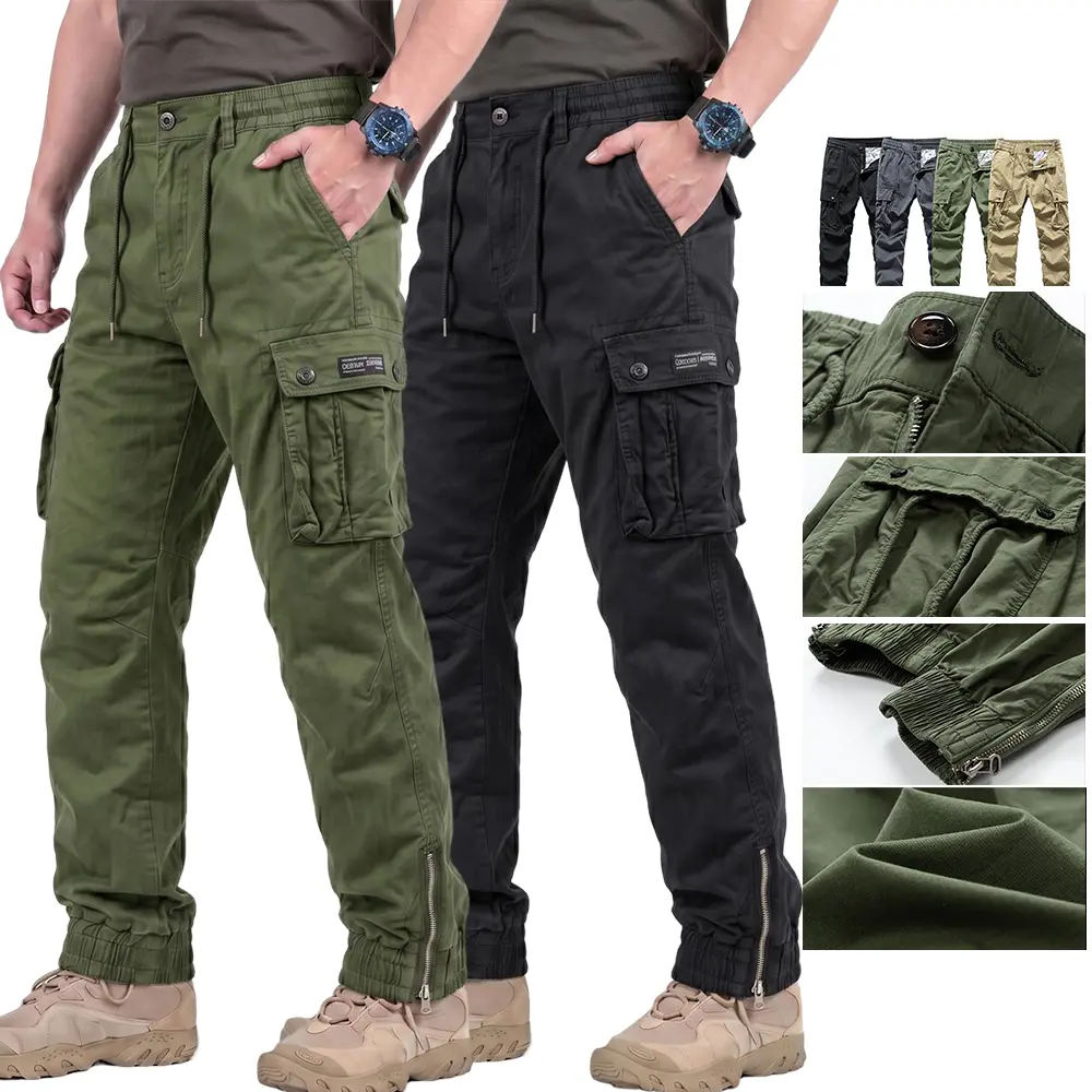 Outdoor hardcore pure cotton multi-pocket tactical cargo pants with 3D snap closure work pockets, woven detail accents, side zipper cuffs, casual men’s pants