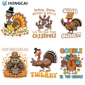 Thanksgiving Fun Iron-On Stickers Set, Sticker Sheets, 6-Piece Creative Turkey Design, Retro Style with Maple Leaves & Pumpkins, High-Quality Vinyl Transfer