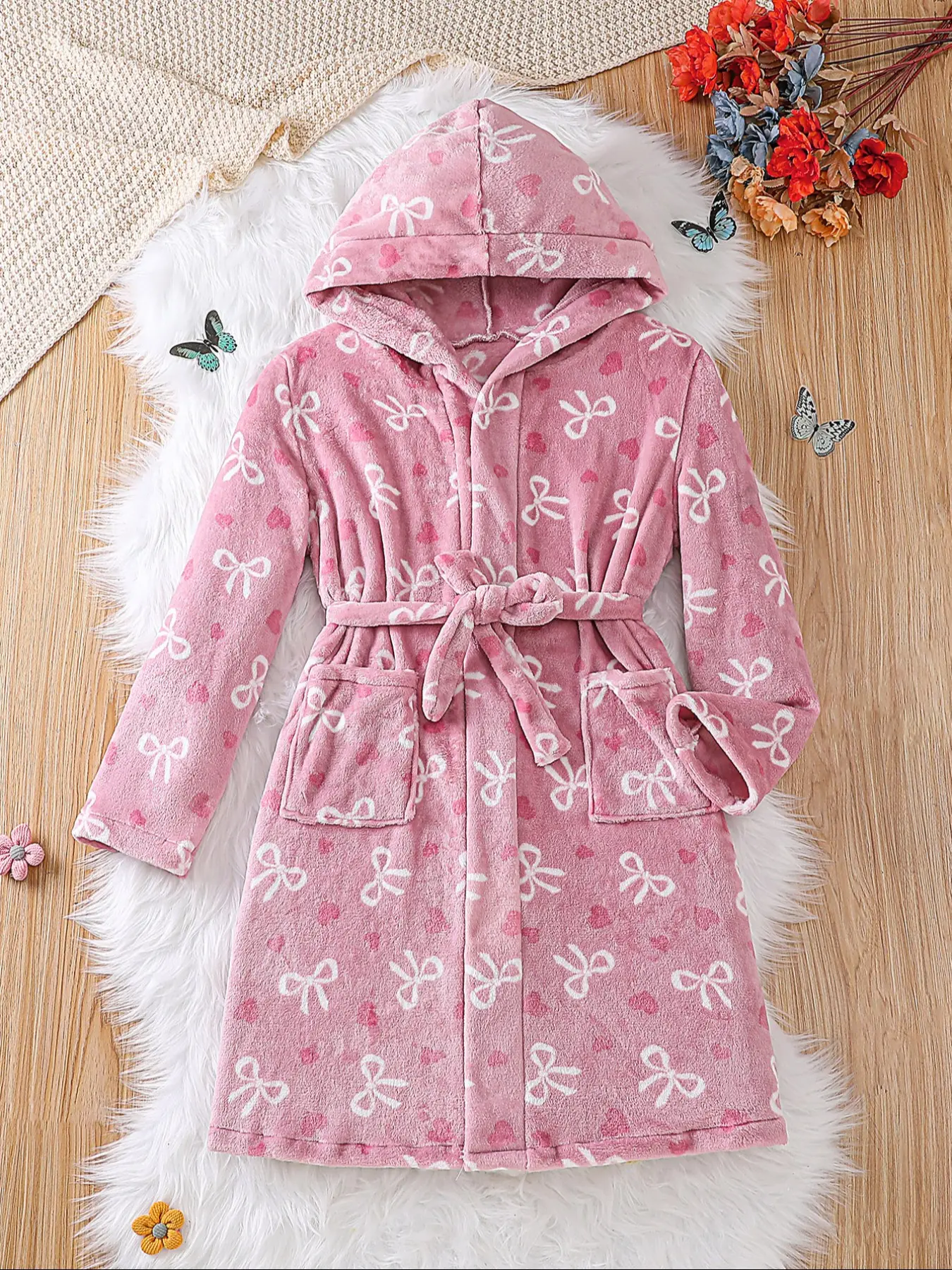 Kids' Heart Plush Robe, Soft & Comfortable, Loose-Fit Design, Fall Winter Warm Pajamas, Casual Home Wear, Girls Boys Sleepwear, Heart Pattern Sleepwear, Heart Print Robe, Fluffy Robe