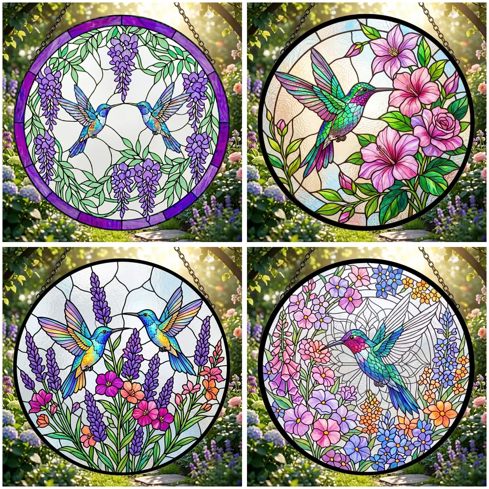 Magical Stained Glass Hummingbird Suncatcher Window Hanging, Floral Crystal Light Catcher, Home Garden Patio Decor