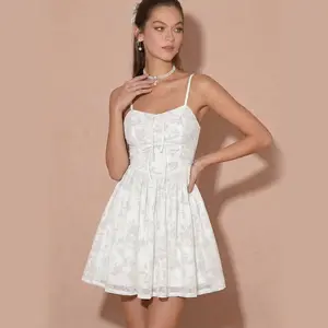Woman's Jacquard Elastic Mesh Spaghetti Strap Backless Mini Dress, Breathable Skin-friendly For Spring Summer, Smocked Back Bow Tie Cinched Waist A-line Short Dress, Sweet Pure Style Photogenic Outfit For Dating Picnic Brunch Graduation Photos