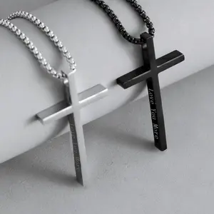 Valentines Gifts for Him Men Boys,"Love you More"Inspirational Cross Necklace for Men Black Silver Cross Chain Stainless Steel Cross Pendant Necklace for Men Gifts, Box Chain,Valentine's Day gift to myself